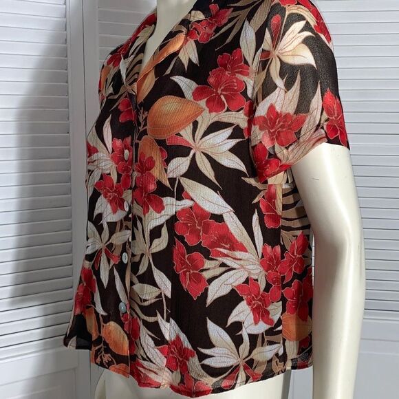 Vintage 90’s Semi Sheer Double Layered Brown Floral Button Down Blouse 14P - Picture 10 of 14